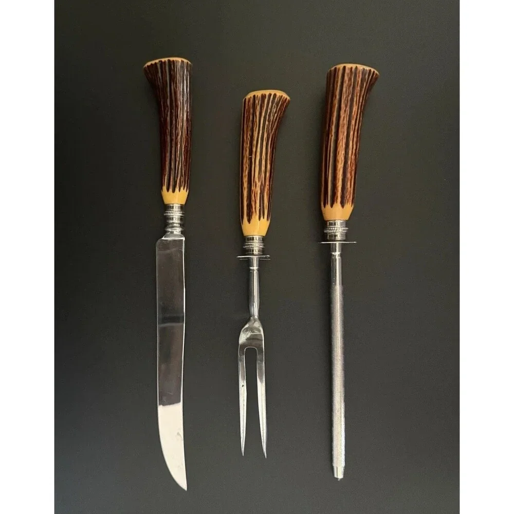 Vintage Sheffield England Carving Set Antler Style Handle Knife Fork Sharpener
